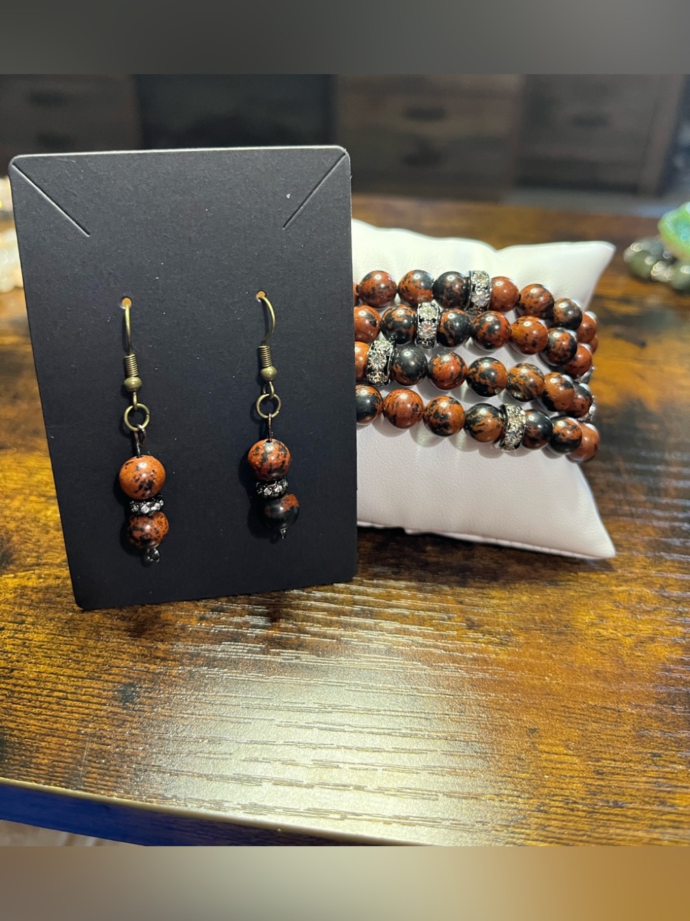 ✨ Natural Mahogany Obsidian 4-Piece Bracelet Stack & Matching Earrings Set ✨ - Picture 5 of 10